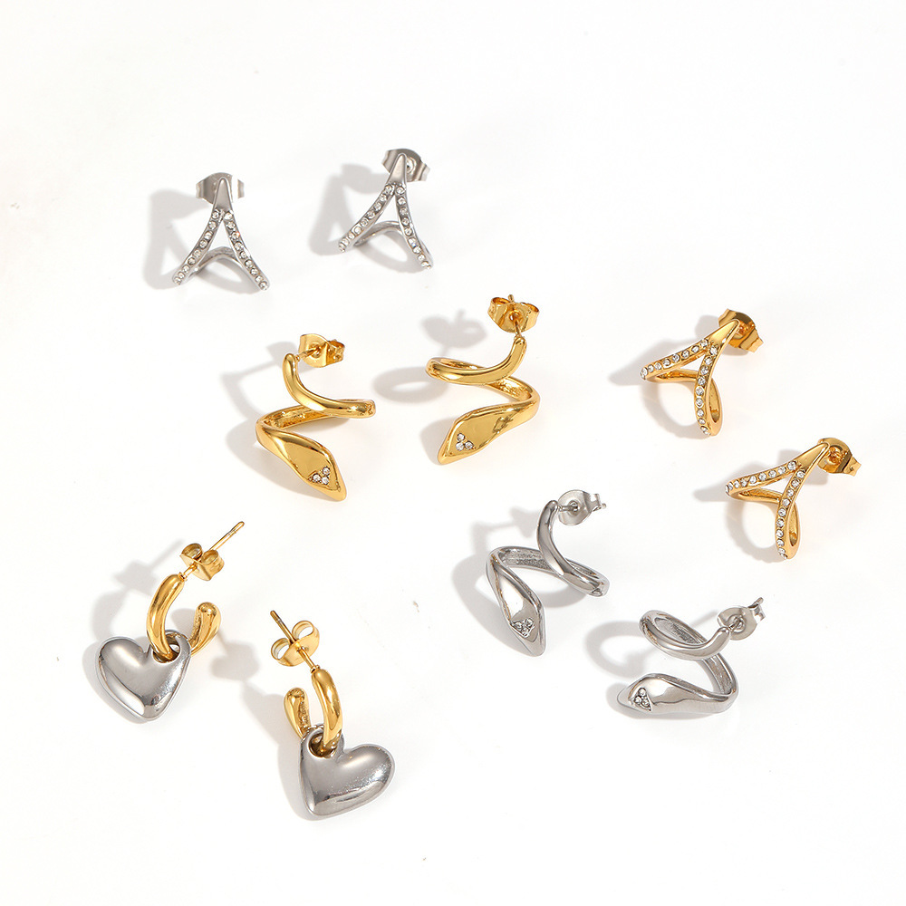 1 Pair Simple Curse Stainless Steel Gold Color Women's Stud Earrings Picture4