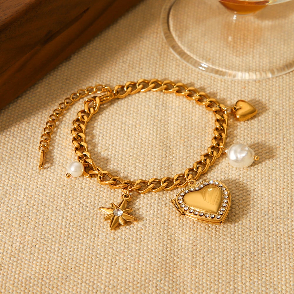 1 Piece Daily Heart Stainless Steel Gold Color Zircon Women's Charm Bracelets h5Picture7