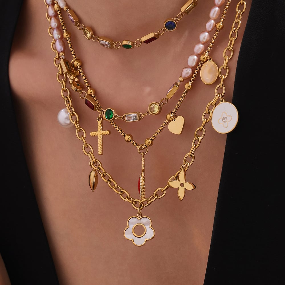 1 pieza elegante collar con colgante de perlas de circonita y flores de acero inoxidable para mujer Imagen4