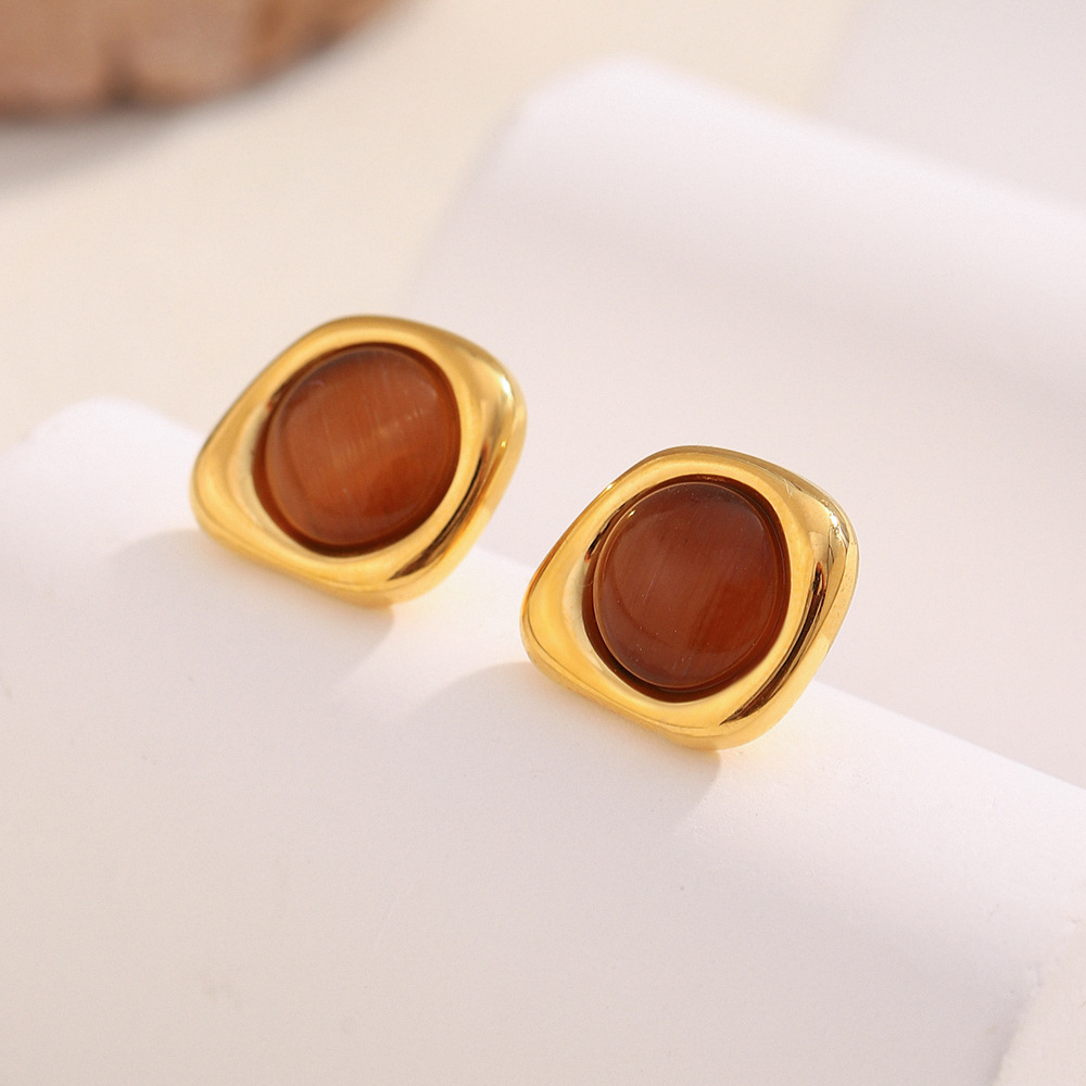 1 Pair Classic Annular Natural Stone Stainless Steel Gold Color Women's Stud Earrings h5Picture6