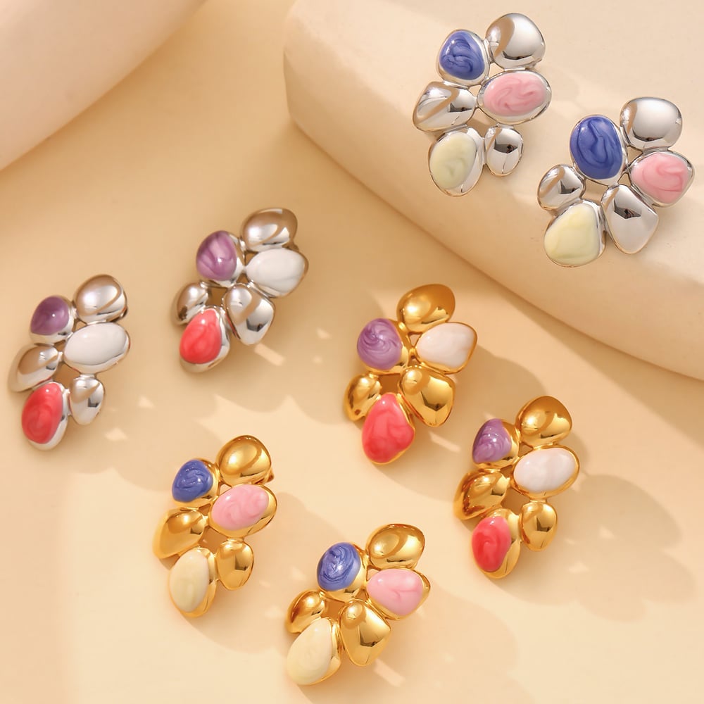 1 Pair Polychrome Flower Stainless SteelGold Color Women's Stud Earrings h5Picture3