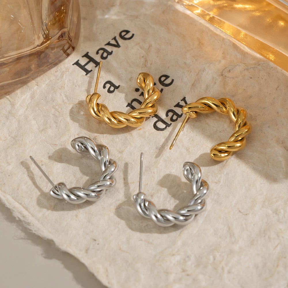 1 paire de boucles d&#39;oreilles créoles en acier inoxydable couleur or Image3