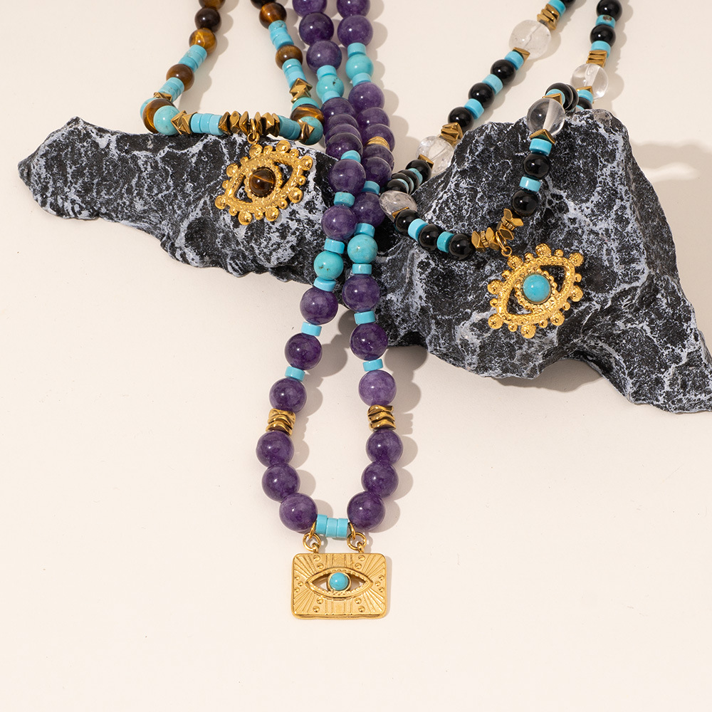 1 Piece Bohemian Devil's Eye Natural Stones Gold Color Women's Beaded Necklaces h5Picture7