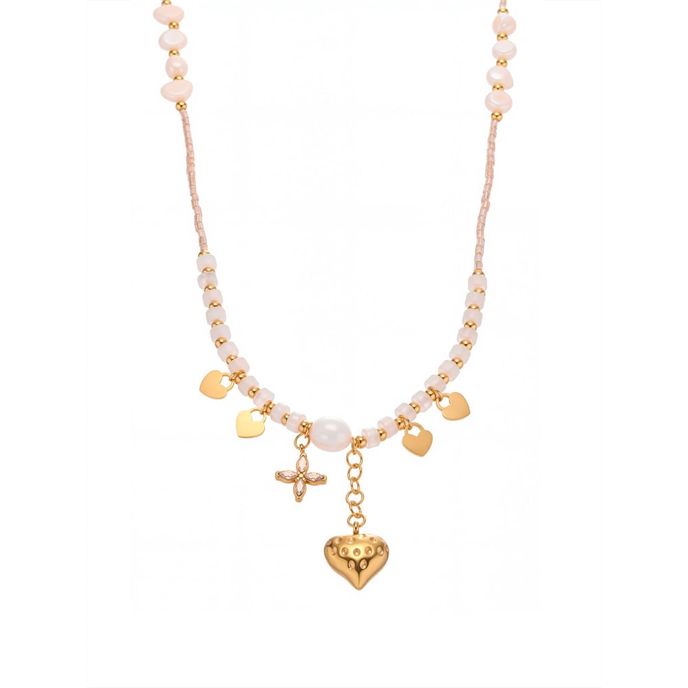 1 Piece Elegant Heart Natural Stones&Pearl Gold Color Women's Beaded Necklaces