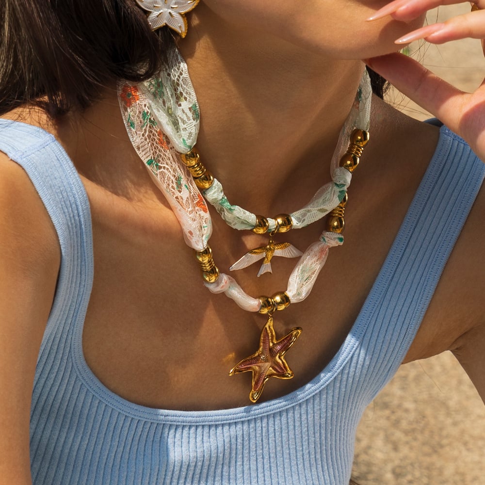 1 Parça Romantik Paslanmaz Çelik Altın Rengi Kumaş Kolye h5Resim2