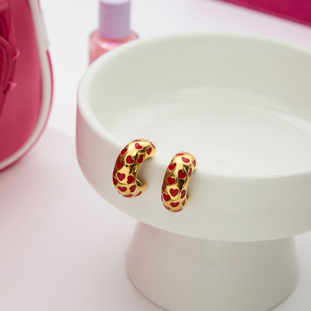 1 Pair Sweet Red Heart Stainless Steel Gold Color Women's Hoop Earrings h5Picture6