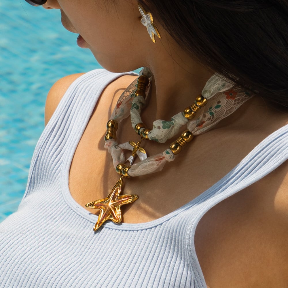 1 Parça Romantik Paslanmaz Çelik Altın Rengi Kumaş Kolye h5Resim3