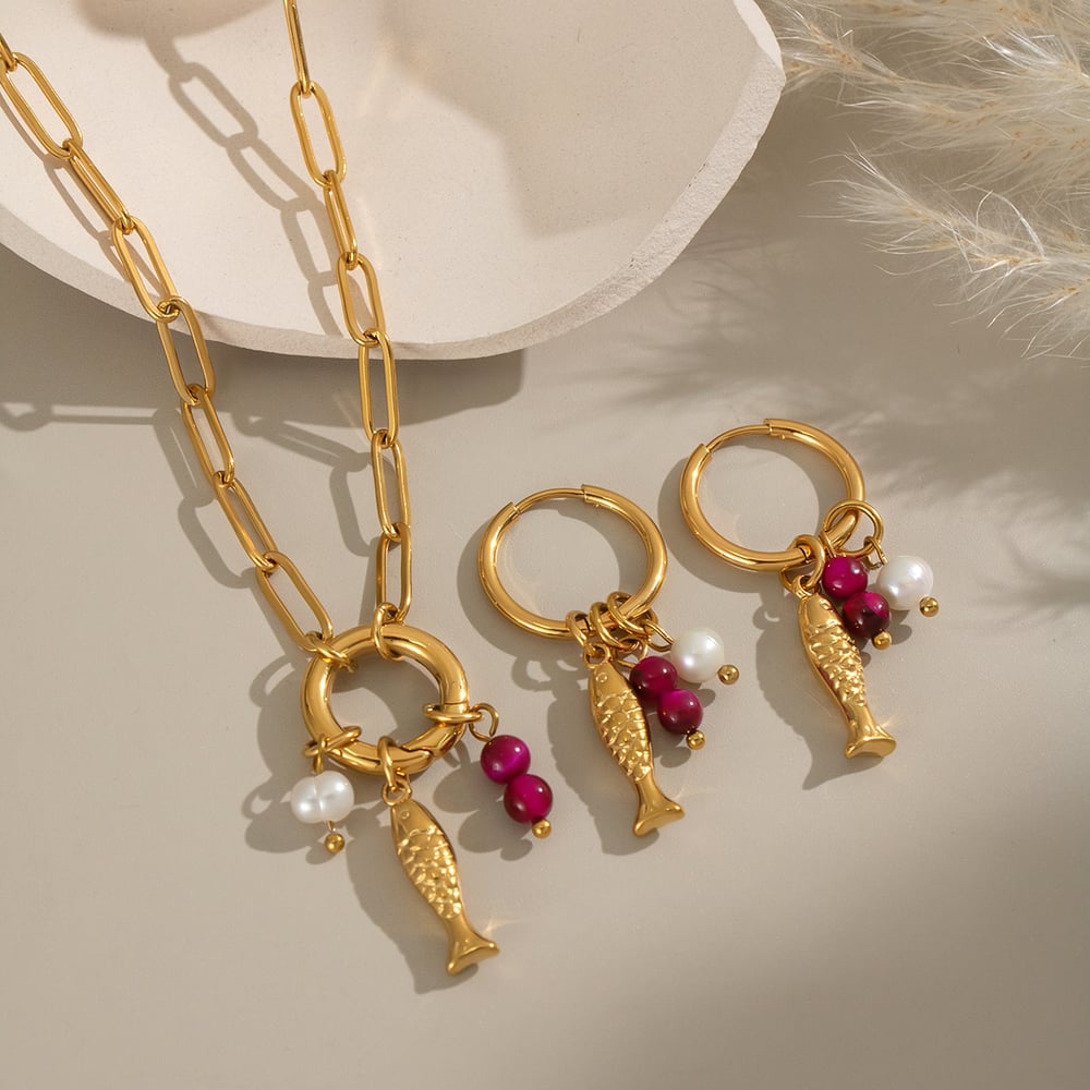 Fish Stainless Steel Gold Color Necklace Set Picture4