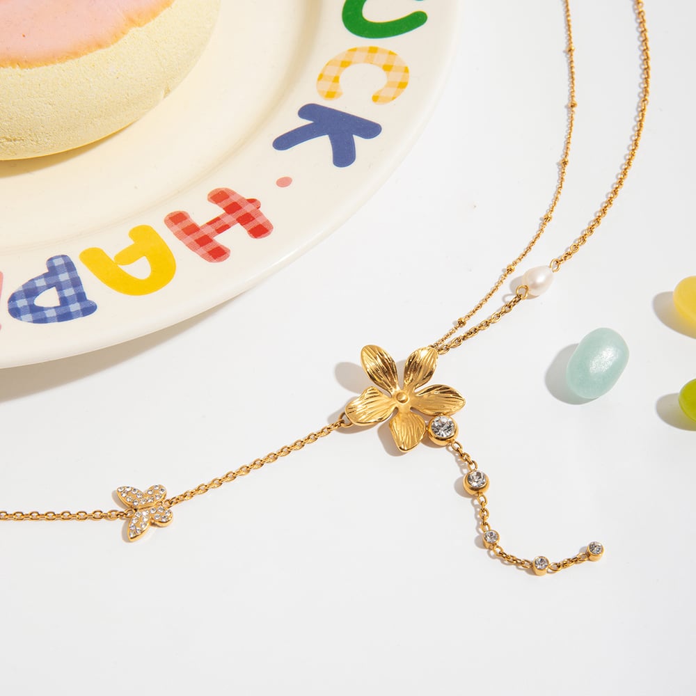 1 Piece Exquisite Flower Tassels Stainless Steel Gold Color Women's Pendant Necklaces h5Picture8