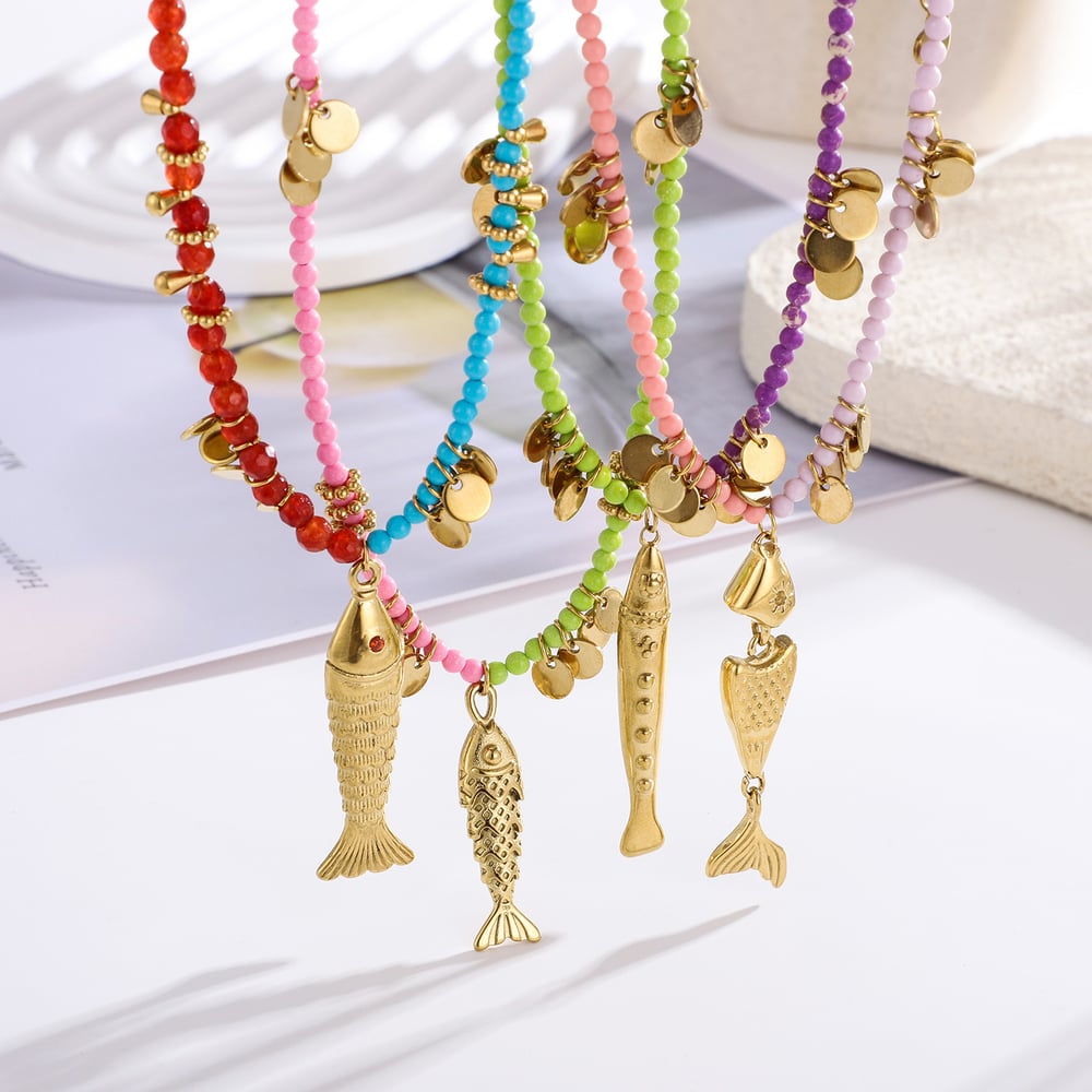1 Piece Vivid Fish Stainless Steel Gold Color Women's Beaded Necklaces h5Picture4