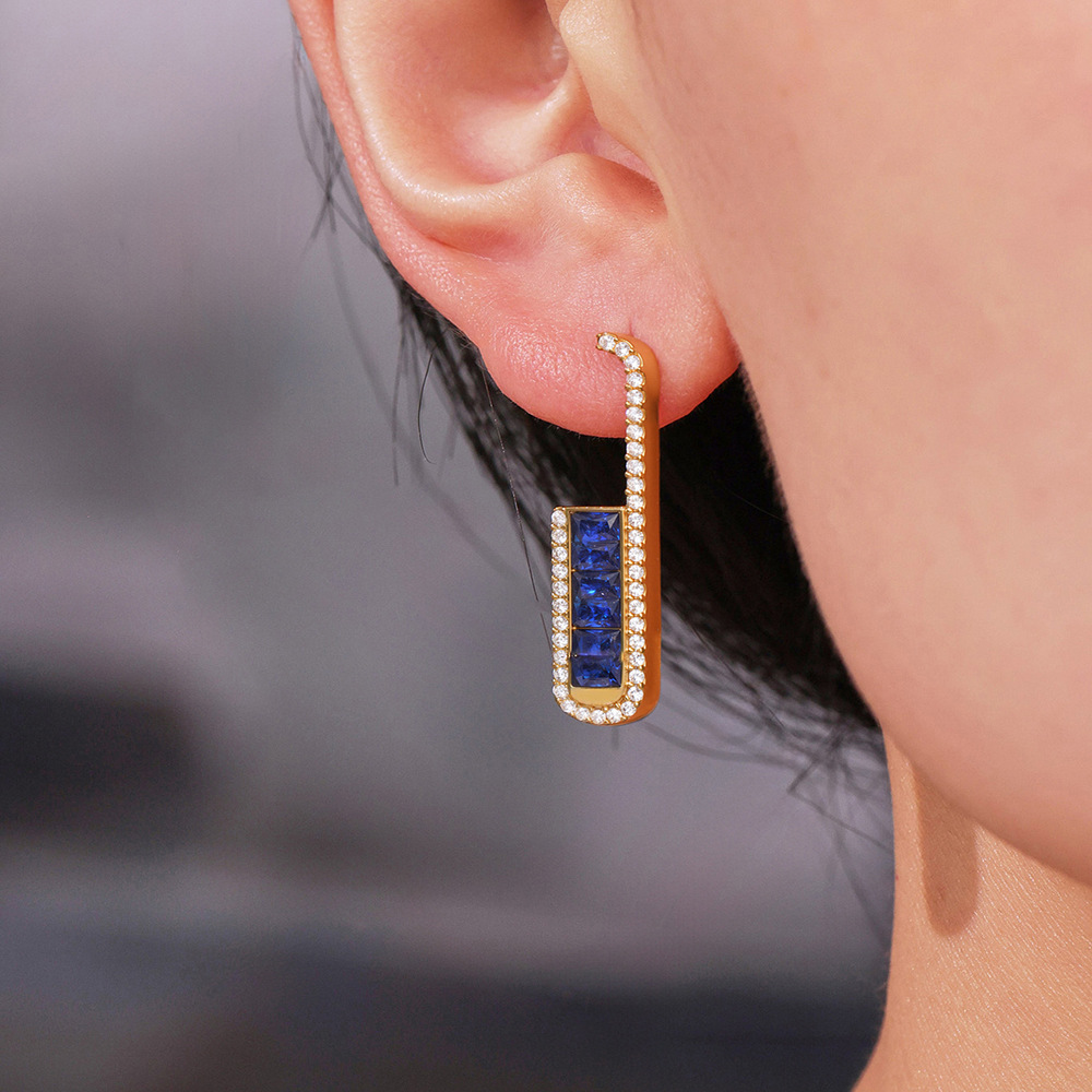 1 par de lujosos pendientes de botón de acero inoxidable en forma de U con circonitas de colores para mujer Imagen3