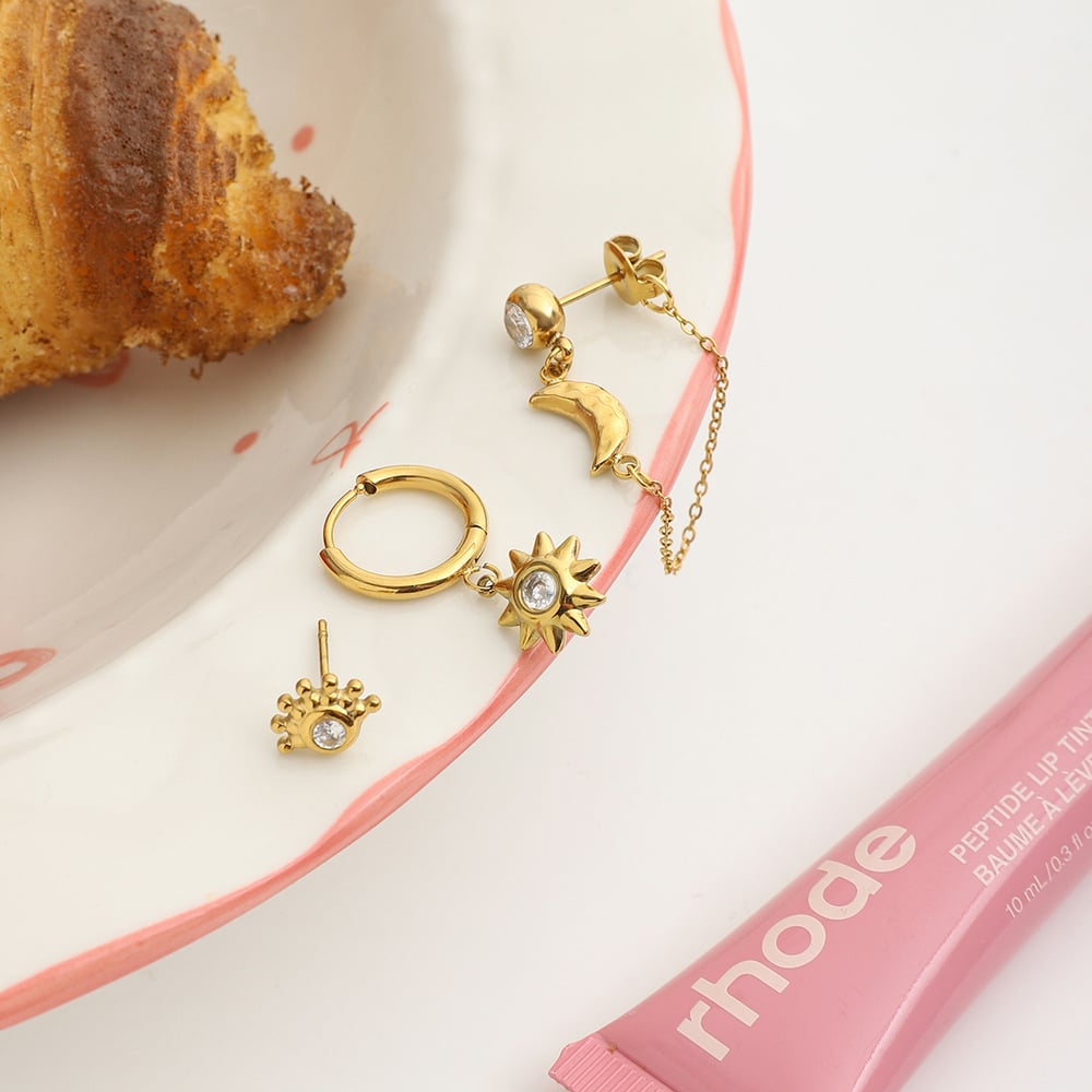 1 Set Classic Series Elegant Sun&Moon Stainless Steel Gold Color Women's Earring Sets h5Picture7