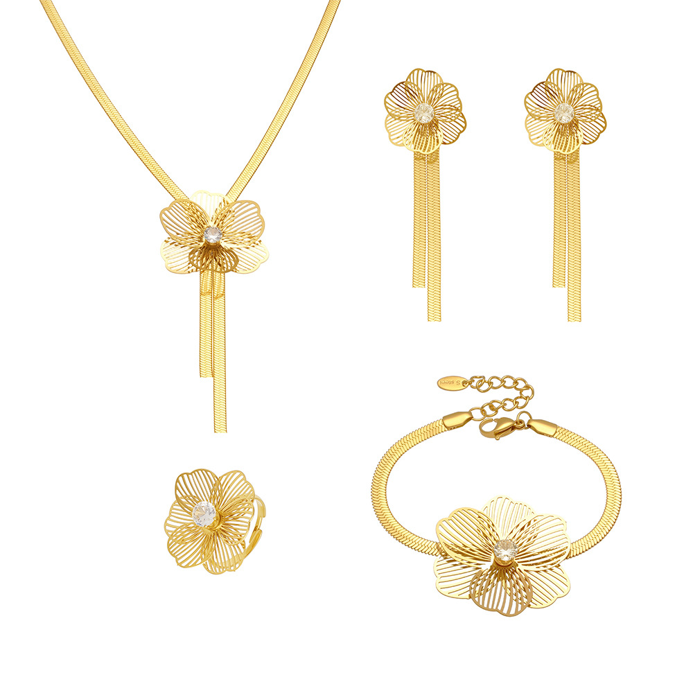 1 Piece Classic Flower Stainless Steel Gold Color Zircon Women's Jewelry Sets Picture9