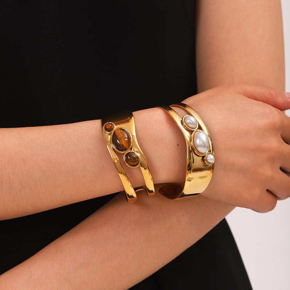 1 Paar Simple Series Tägliche Edelstahl Goldfarbene Perlen Damen Armreifen h5Bild3