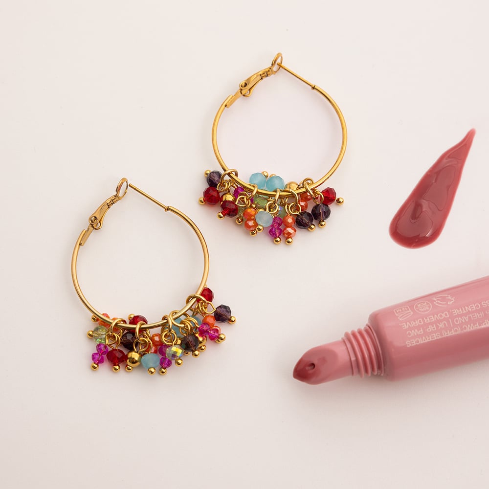 1 Pair Luxurious Series Polychrome Beads Stainless Steel Gold Color Women's Hoop Earrings h5Picture4