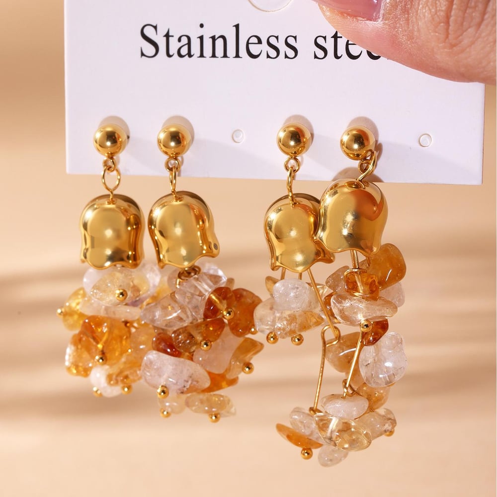 1 Pair Natural Stone Tassel Stainless Steel Gold Color Women's Drop Earrings h5Picture6
