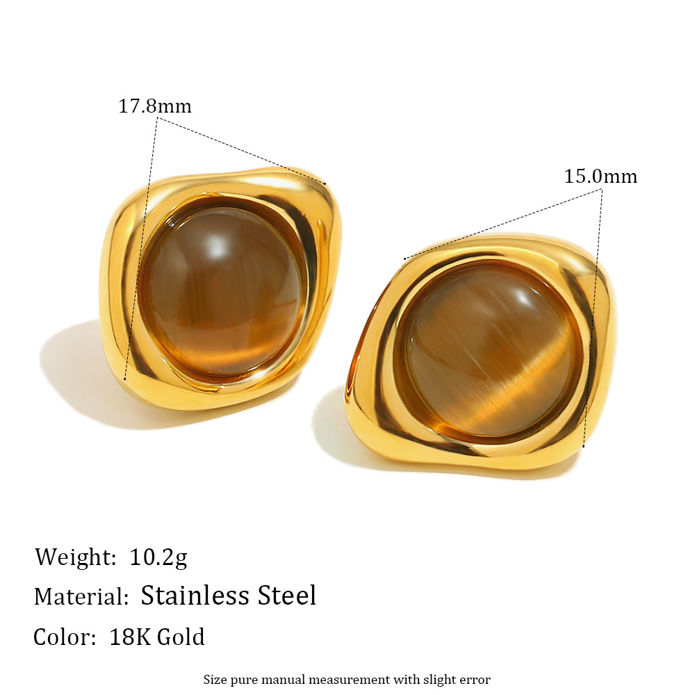 1 Pair Classic Annular Natural Stone Stainless Steel Gold Color Women's Stud Earrings h5Picture2