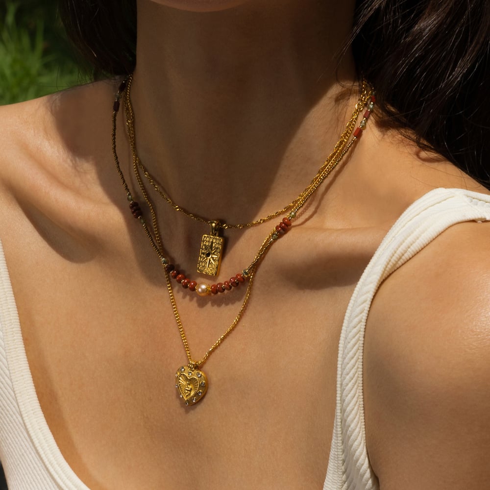 1 Piece Retro Heart Natural Stones  Gold Color Pendant Necklace h5Picture3