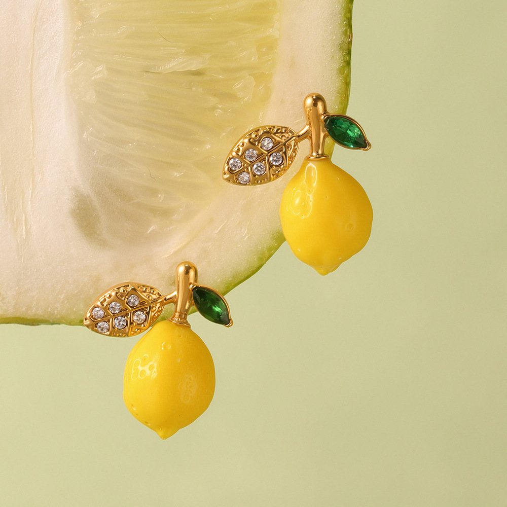 1 Pair Natural Lemon Stainless Steel Gold Color Women's Drop Earrings h5Picture3