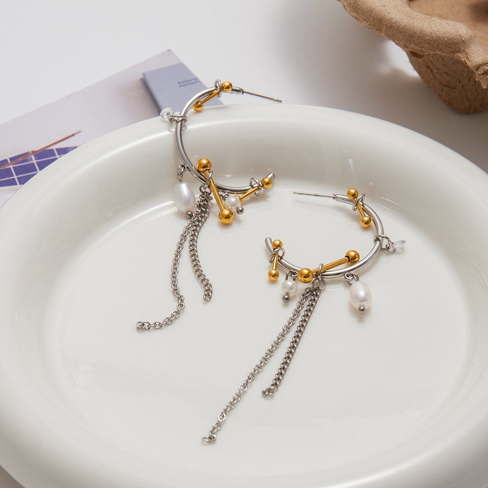 1 paire de boucles d'oreilles pendantes luxueuses à pampilles en acier inoxydable couleur or et argent pour femme h5Image6