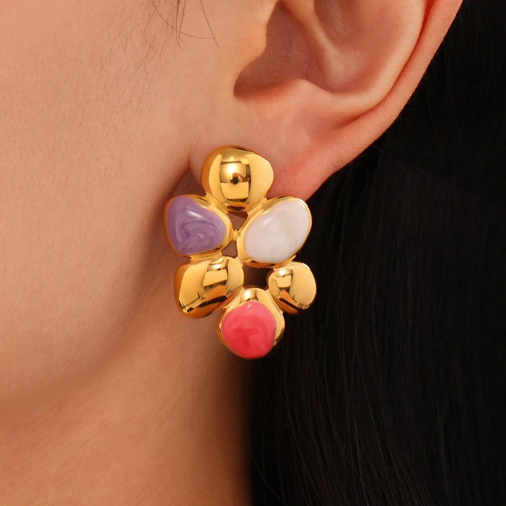 1 Pair Polychrome Flower Stainless SteelGold Color Women's Stud Earrings h5Picture4