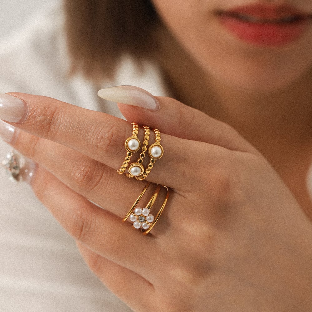 1 Piece Daily Flower Beads Stainless Steel  Pearl Statement Rings h5Picture3