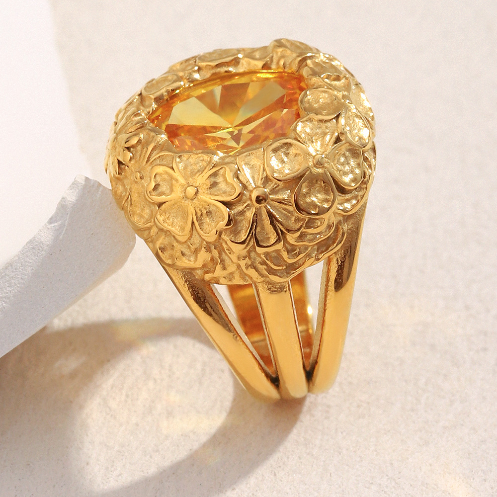 1 Piece Luxurious Retro Flower Stainless Steel Gold Color Statement Ring Picture4