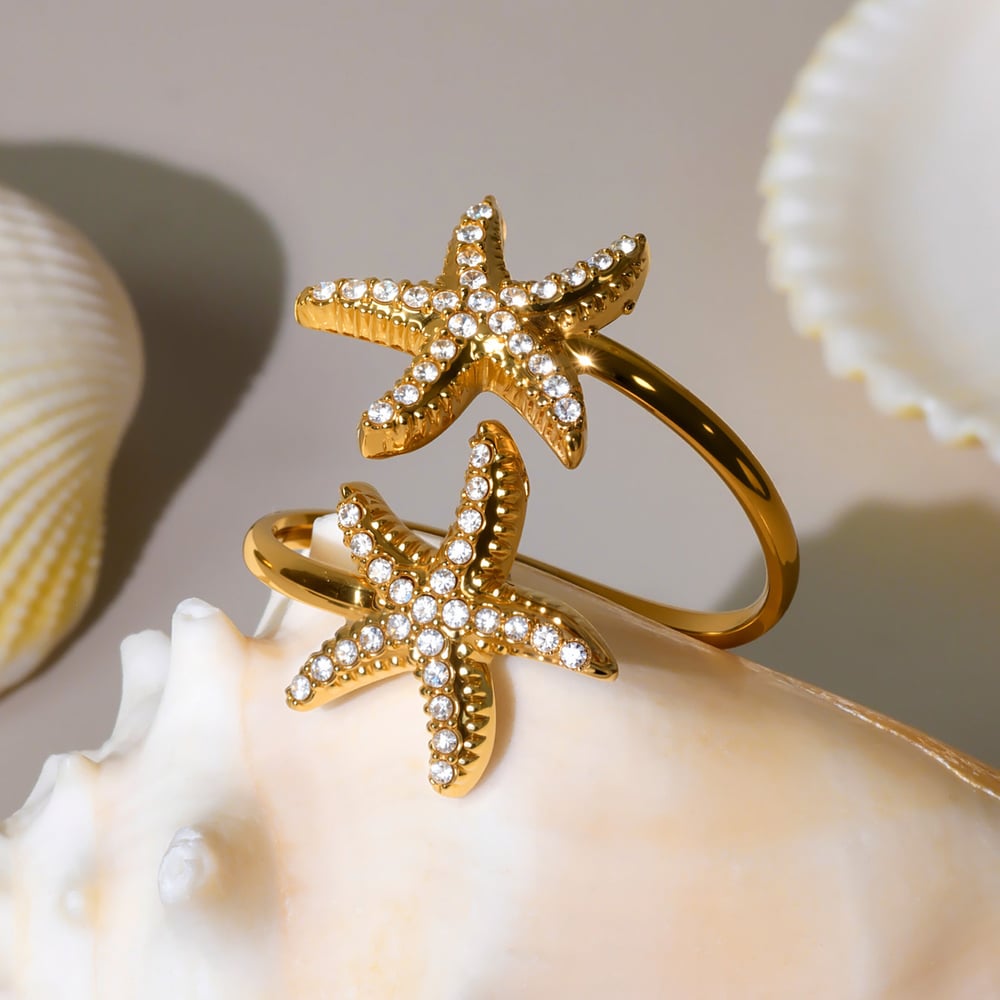 1 Piece Oceanic Starfish Stainless Steel Gold Color Women's Gemstone Rings h5Picture5