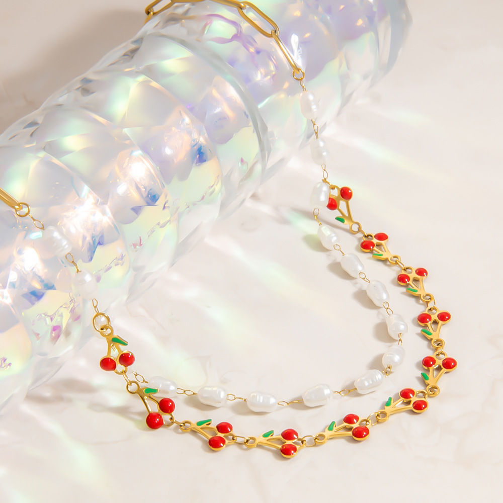 1 Stück einfache mehrreihige Halsketten aus natürlichem Kirsch-Edelstahl für Damen Bild5