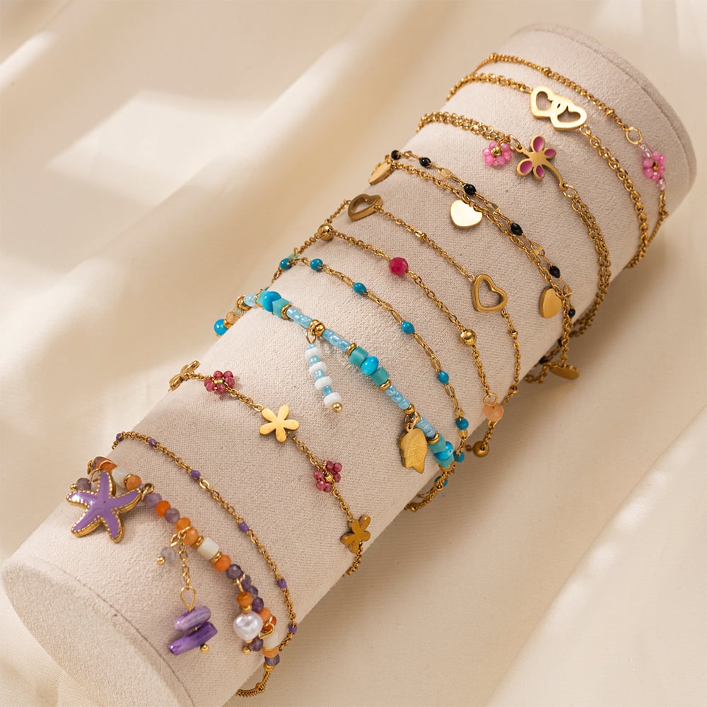 1 Piece Romantic Series Sweet Flower Heart Stainless Steel  Gold Color Beaded Bracelet h5Picture2