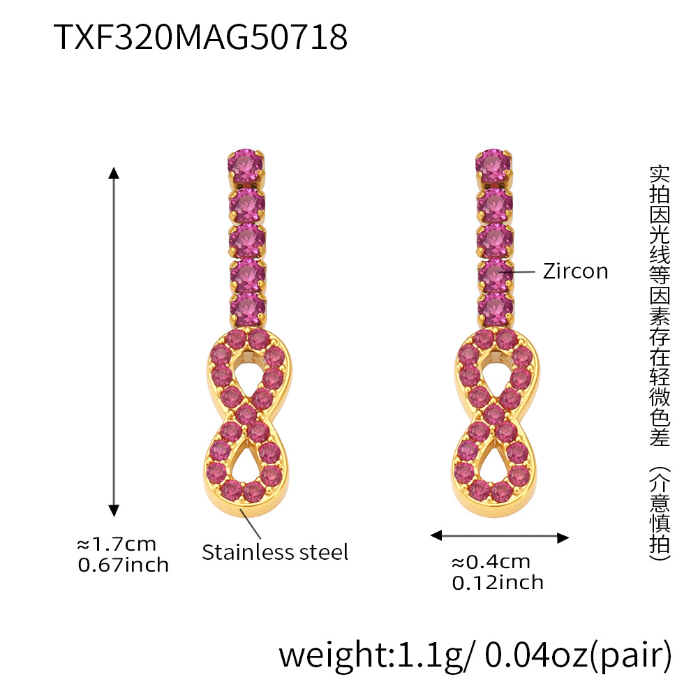 1 par de lujosos pendientes de botón de acero inoxidable con forma de infinito y circonitas doradas para mujer Imagen2