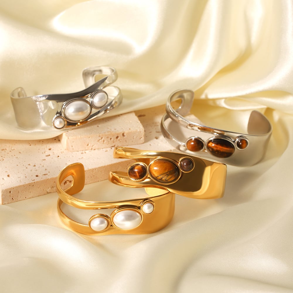 1 Paar Simple Series Tägliche Edelstahl Goldfarbene Perlen Damen Armreifen h5Bild4