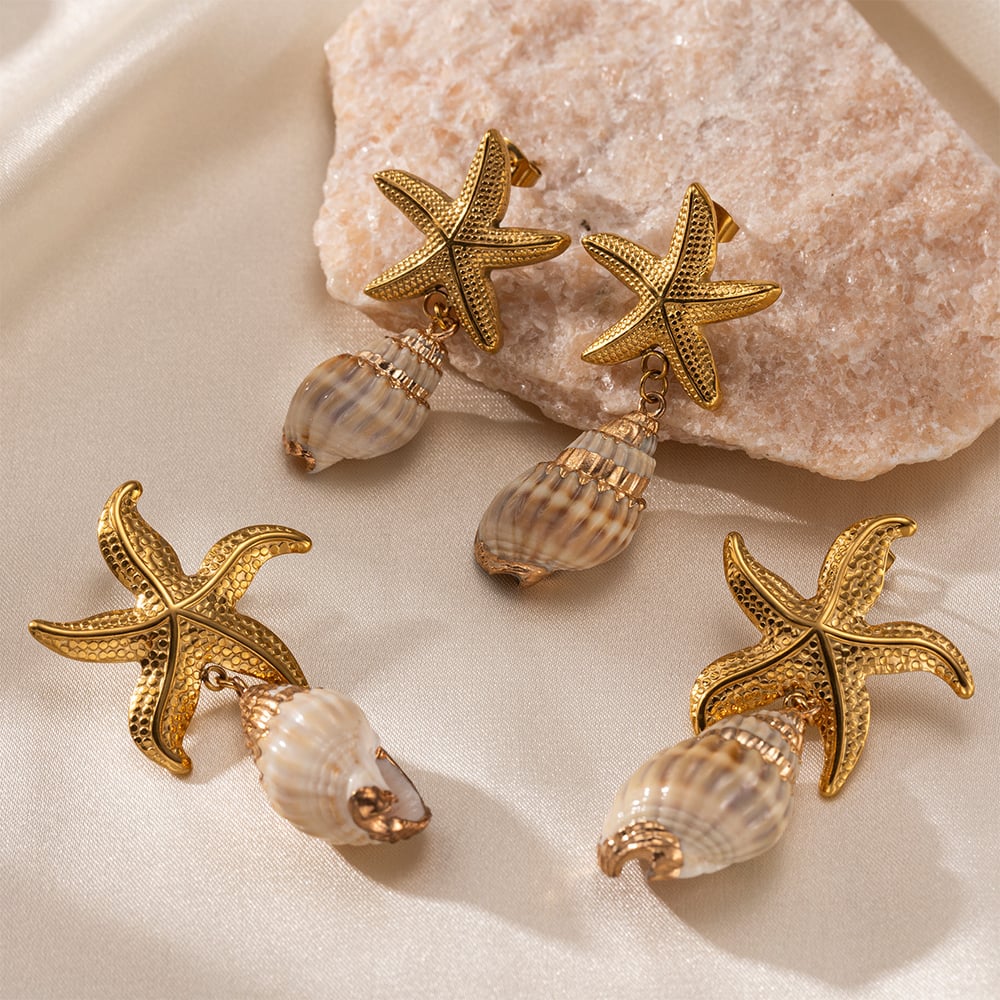 1 Paar Seestern-Ohrhänger aus Edelstahl in Goldfarbe mit Muscheln Bild2