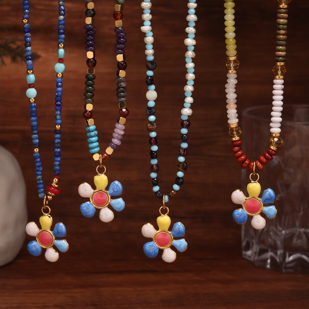 1 Piece Bohemian Flower Natural Stones Gold Color Women's Beaded Necklaces h5Picture8