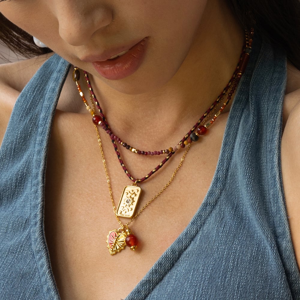 Collana con perline in pietra naturale color oro e acciaio inossidabile con tarocchi, 1 pezzo h5Immagine3