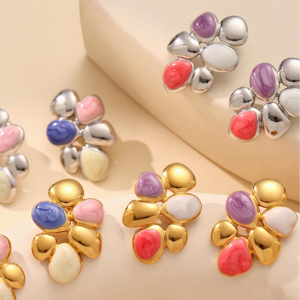 1 Pair Polychrome Flower Stainless SteelGold Color Women's Stud Earrings h5Picture6