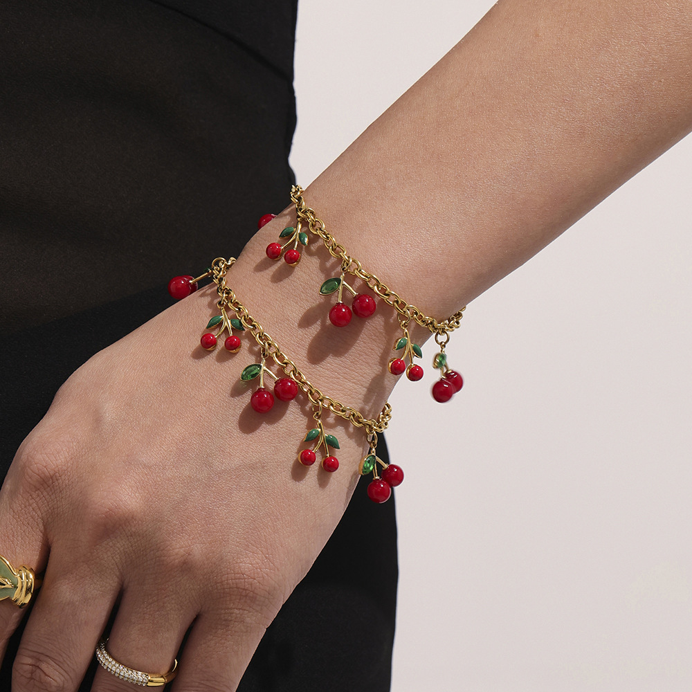 Conjunto de joyería para mujer de acero inoxidable color dorado con cereza dulce de 1 pieza h5Imagen4