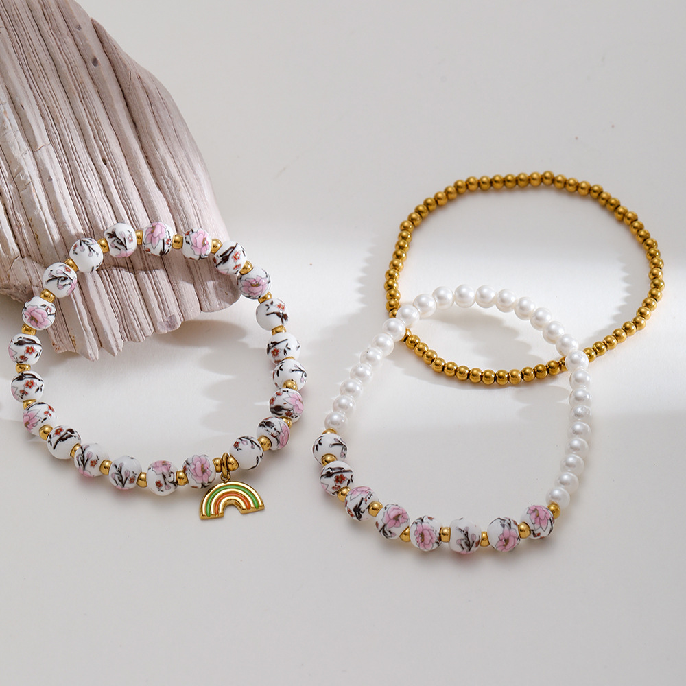 1 Piece Luxurious  Elegant Flower Ceramics  Gold Color  Women's Beaded Bracelets Picture3