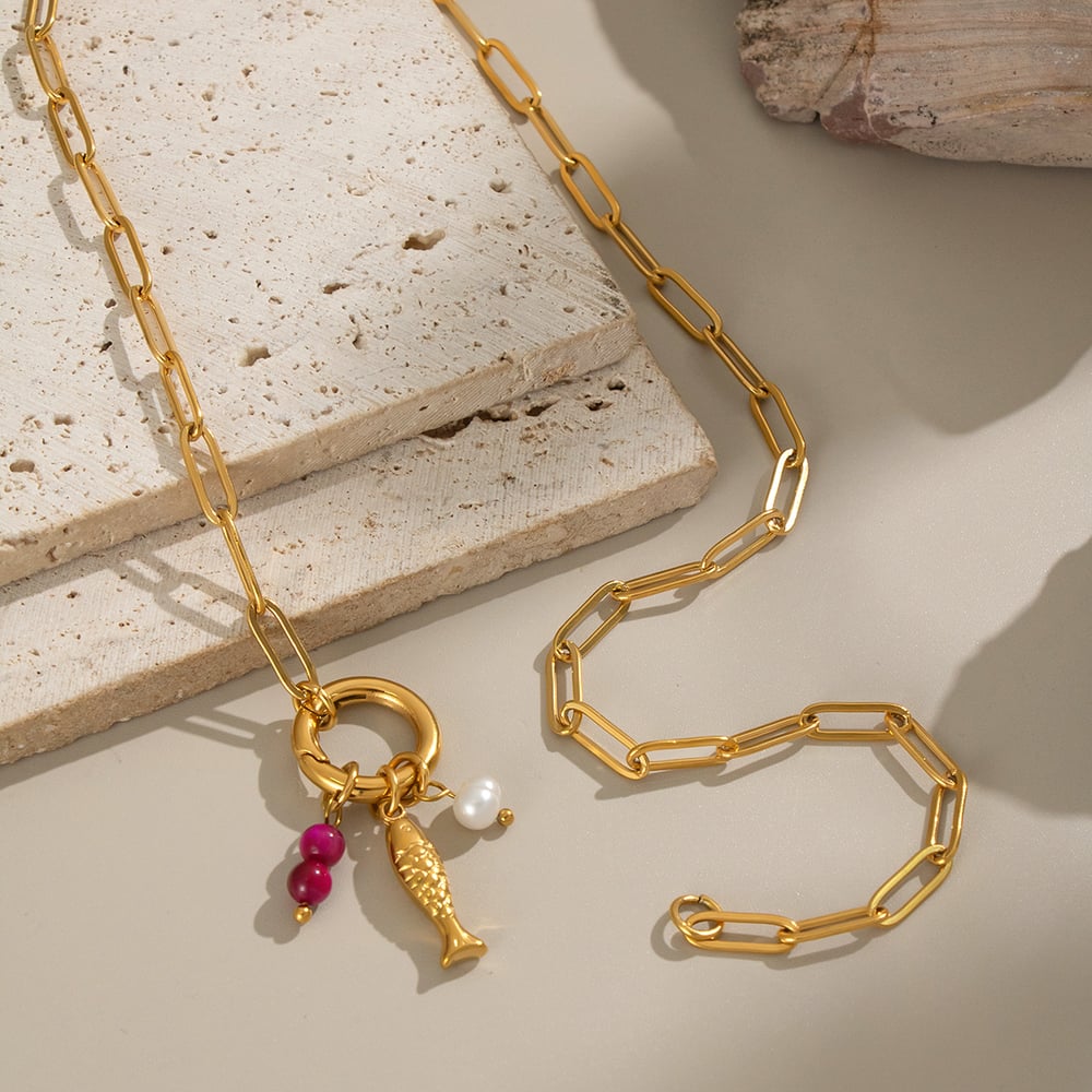 Fish Stainless Steel Gold Color Necklace Set Picture3