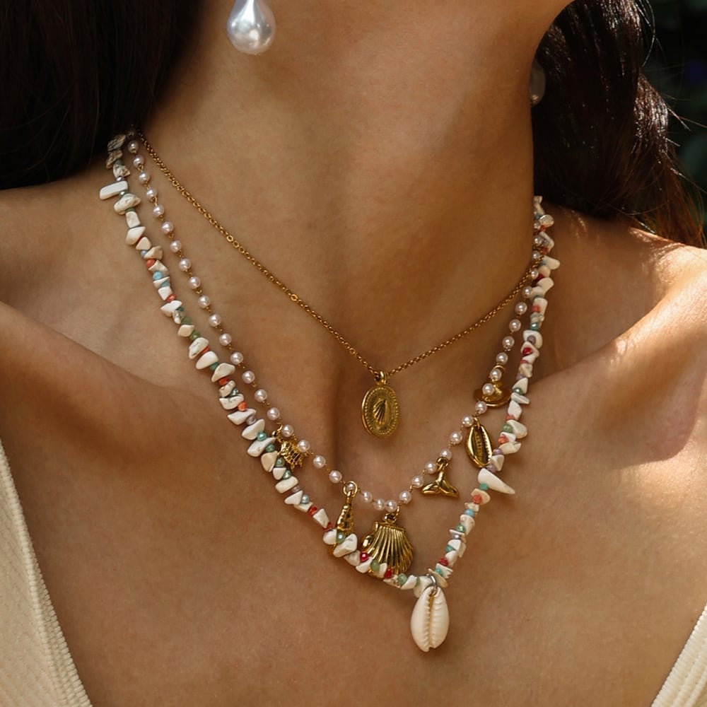 Collier de perles couleur or en pierres naturelles de coquillage, 1 pièce Image4