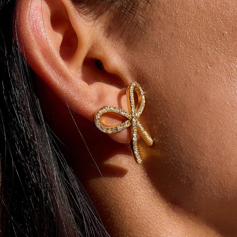 1 Pair Shinning Series Bow Knot Stainless Steel Gold Color Women's Stud Earrings h5Picture4