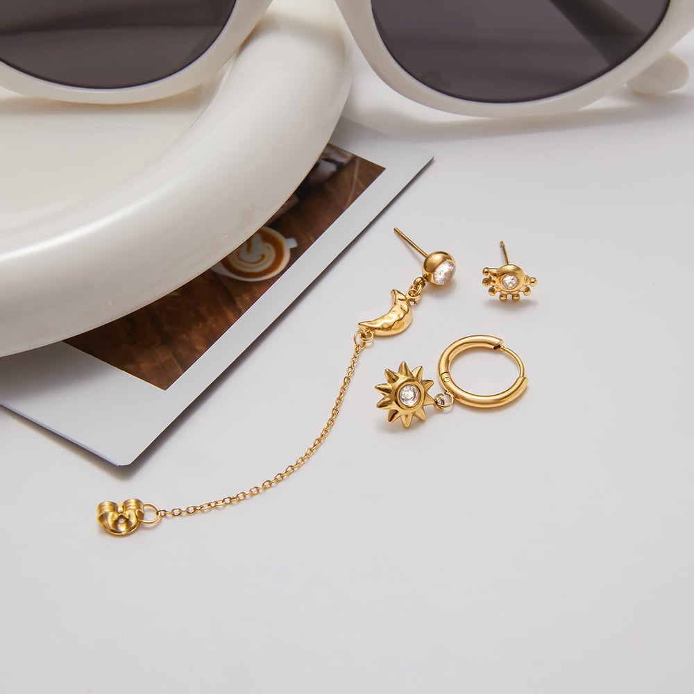 1 Set Classic Series Elegant Sun&Moon Stainless Steel Gold Color Women's Earring Sets h5Picture6