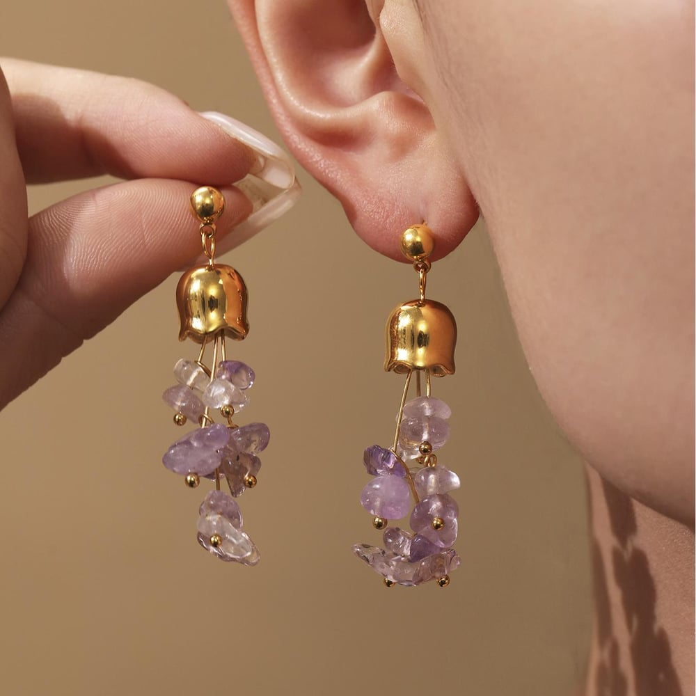 1 Pair Natural Stone Tassel Stainless Steel Gold Color Women's Drop Earrings h5Picture5