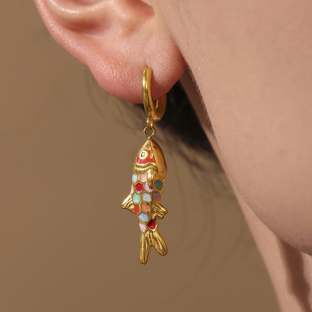 1 Piece Colorful Fish Stainless Steel Gold Color Women's Necklaces Sets h5Picture3