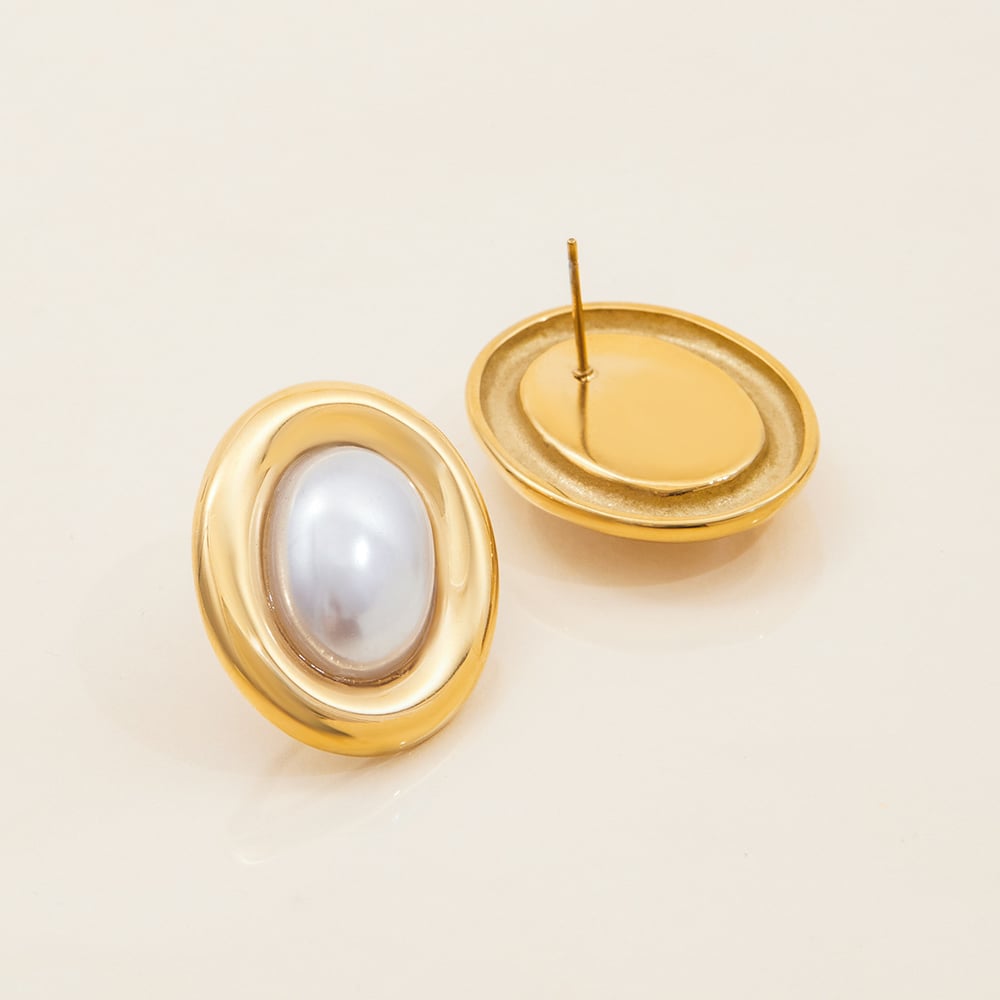 1 Pair Classic Oval Stainless Steel Gold Color Women's Stud Earrings h5Picture10