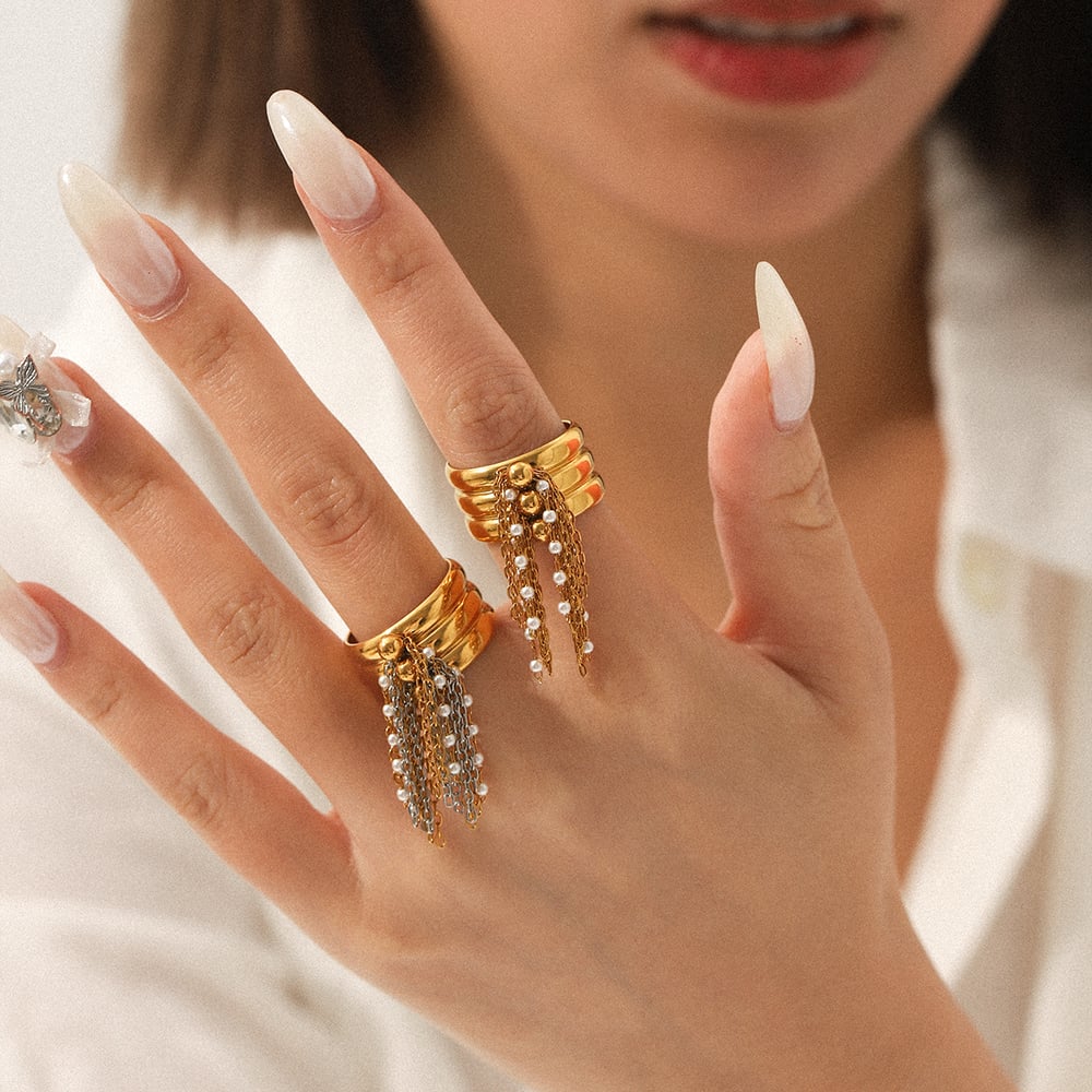 1 Piece Chic Daily Tassel Stainless Steel Gold Color Pearl Statement Rings Picture5