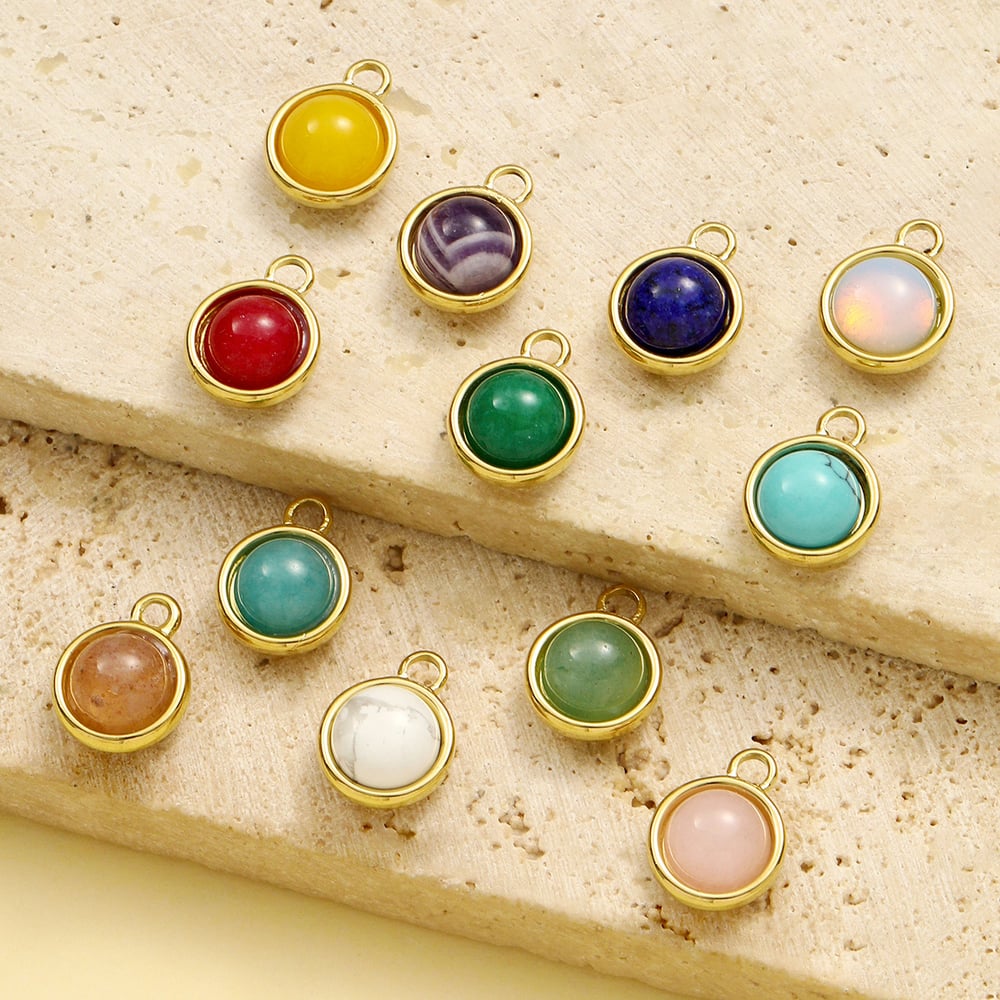 1 Parça Klasik Yuvarlak Doğal Taşlı Kadın Kolye Ucu Resim3