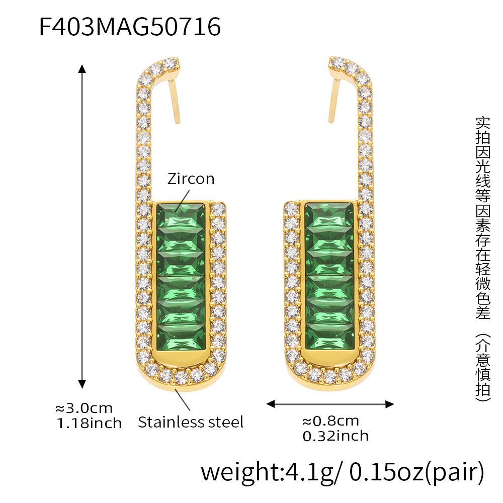1 par de lujosos pendientes de botón de acero inoxidable en forma de U con circonitas de colores para mujer