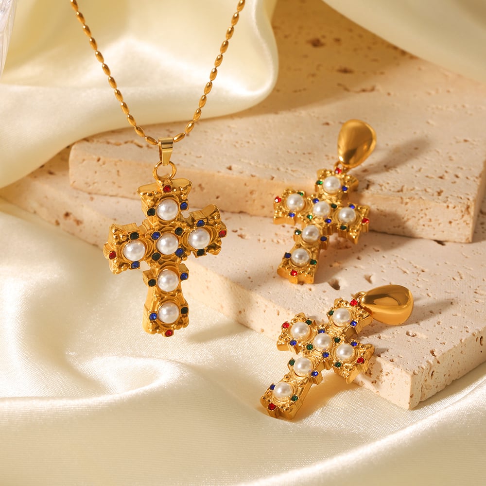 Tägliches Kreuz Edelstahl Gold Farbe Zirkon Damen Anhänger Halsketten Bild5