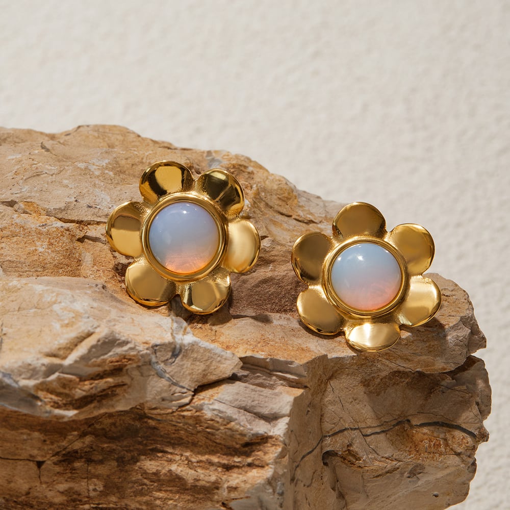 1 Pair Classic Opal Flower Stainless Steel Gold Color Women's Stud Earrings Picture8